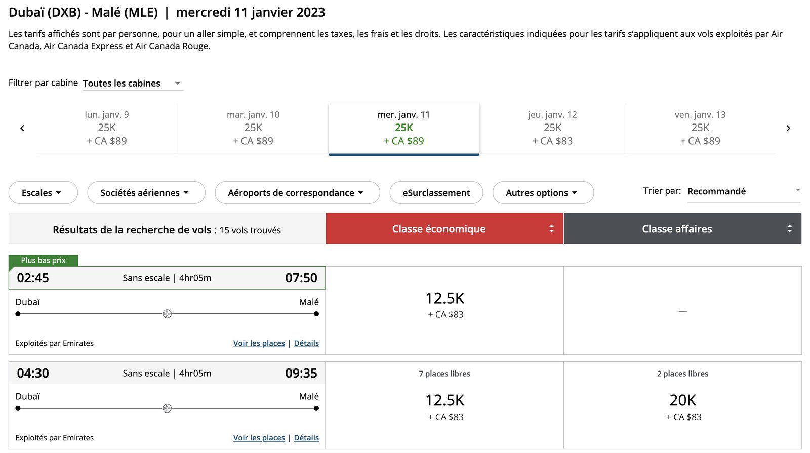 Nouveau&nbsp;: Accumulez et échangez des points Aéroplan avec Emirates - Dxb Mle Ek Fr