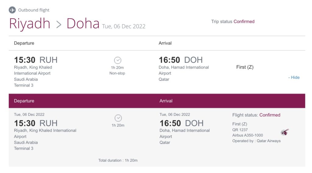 Ruh Doh Qatar Airways Itineraire