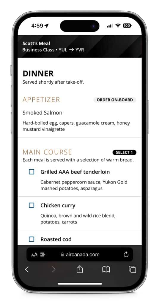 Air canada meal pre order 1 mobile view