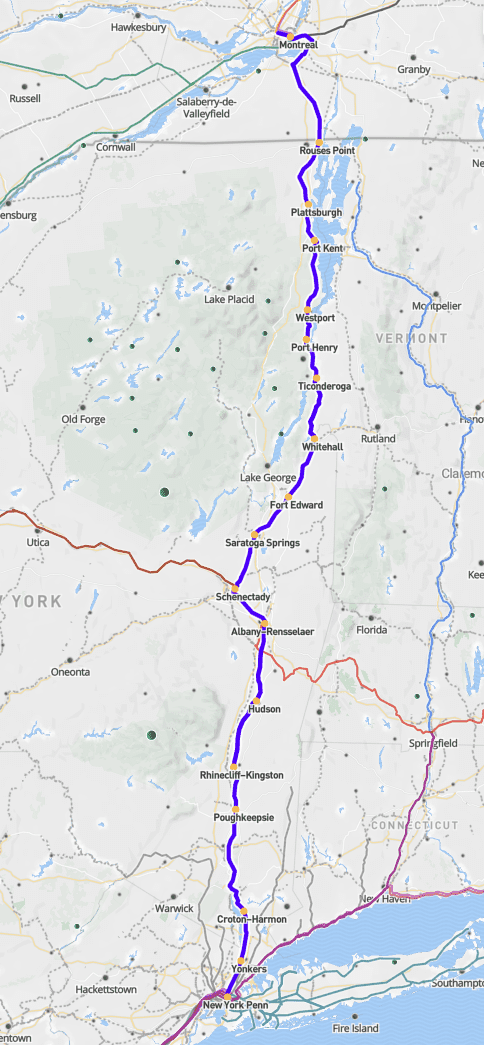 Train Montréal - New-York&nbsp;: Suspension du service du Adirondack d’Amtrak - Trajet train adirondack credit travegeo