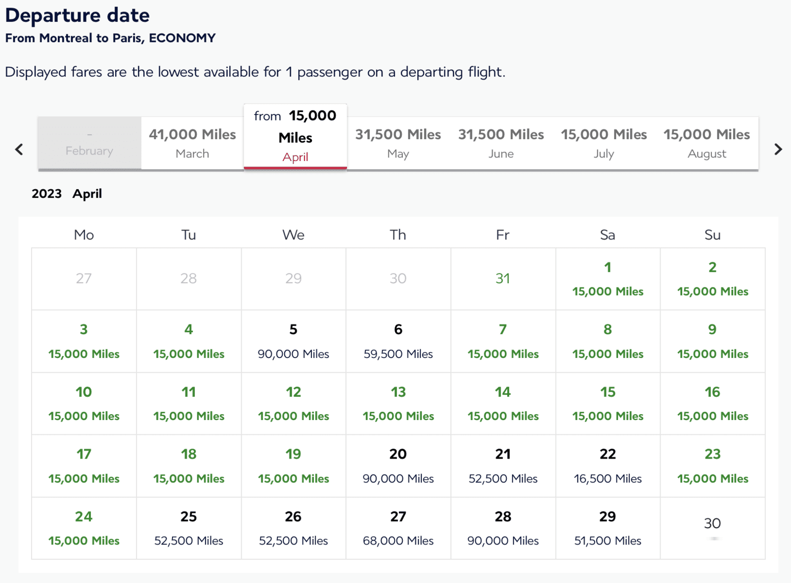 What to do with 60,000 Flying Blue Miles - Yul cdg calendar