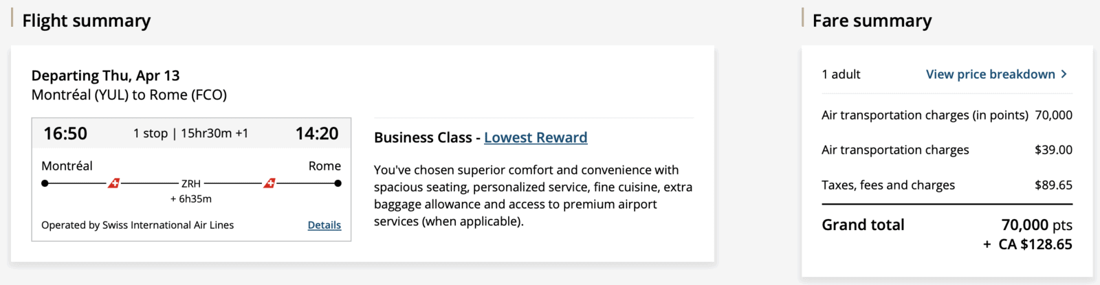 Booking Your First Flight in Business Class - Standard partner business class price