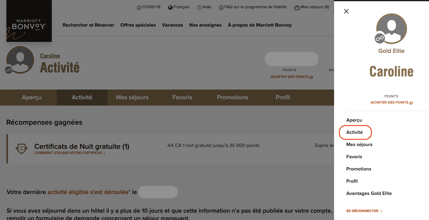 Marriott Bonvoy&nbsp;: Comment réclamer un séjour manquant - Profil activite