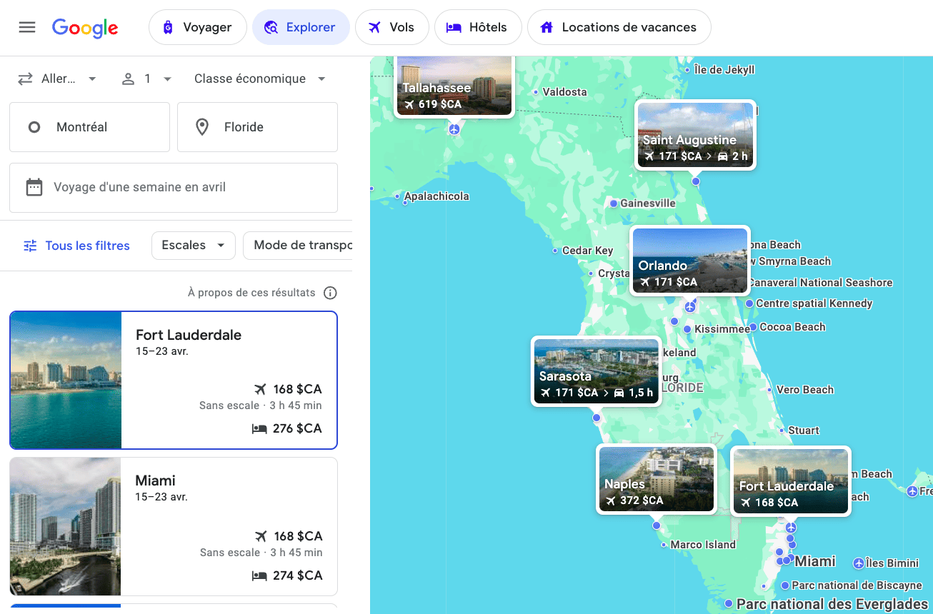 Comment obtenir un billet d’avion gratuit ou pas cher pour la Floride - YUL Google Flight FR search
