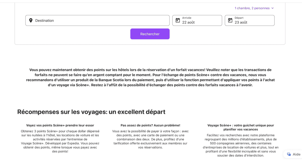 Descriptif de l'accueil expedia scene plus