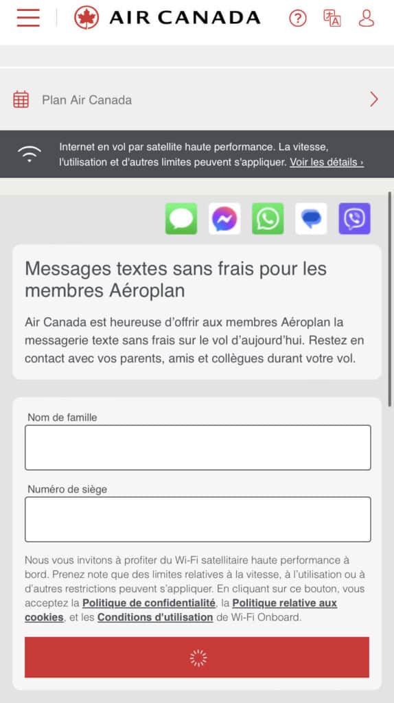 Message texte wifi air canada