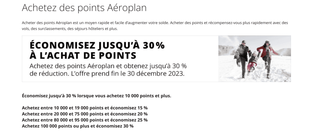Achat points Aeroplan 30 reduction FR