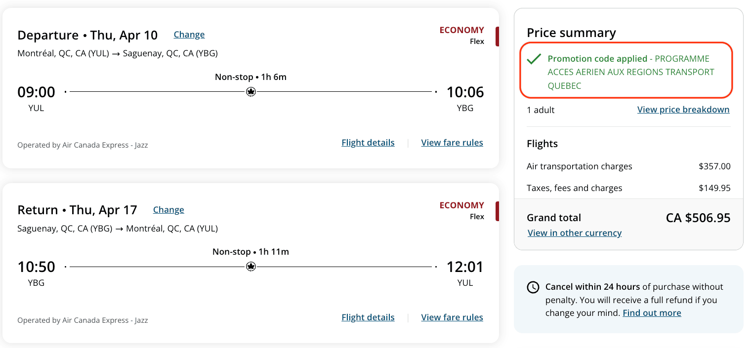 Voyager au Québec en avion : Rabais de 50 % à 85 % pour remplacer le billet à 500 $ - Code promo YBG FR