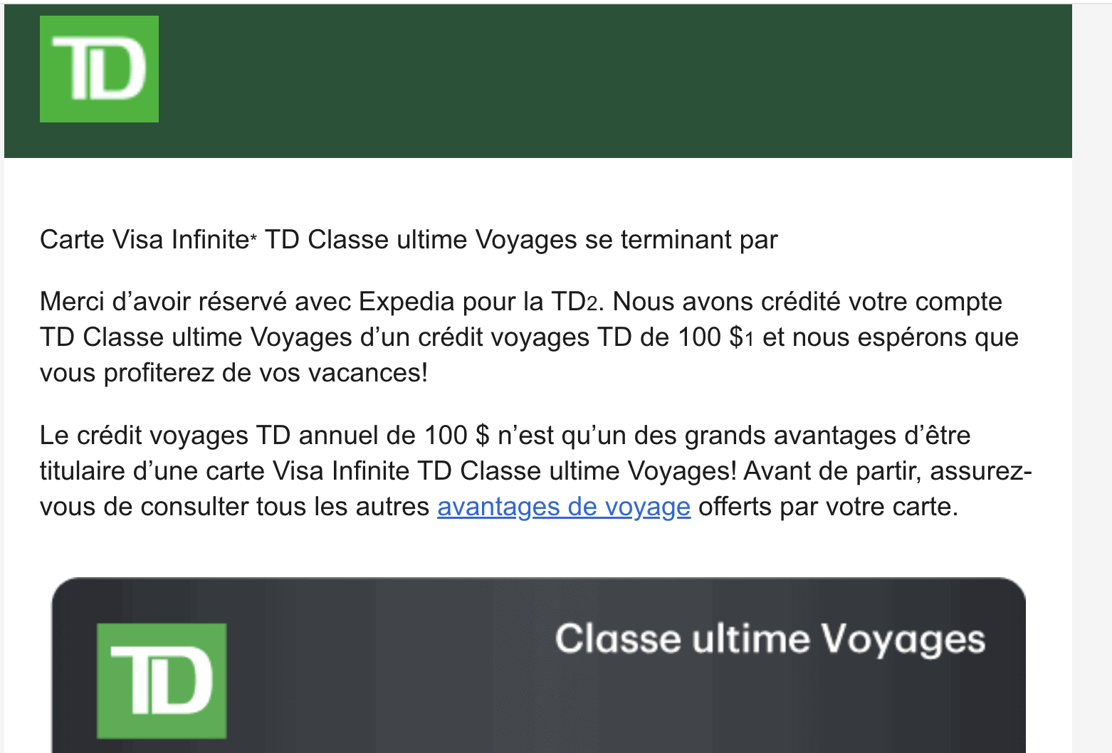 Expedia for TD a Complete Guide&nbsp;: Maximize your TD Rewards Points - Confirmation courriel credit voyage