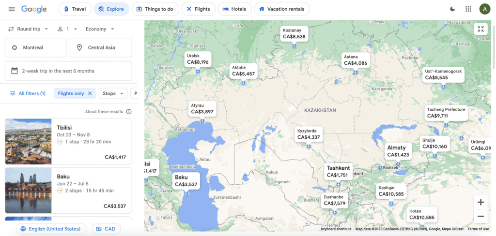 Google Flights Central Asia Explore from YUL