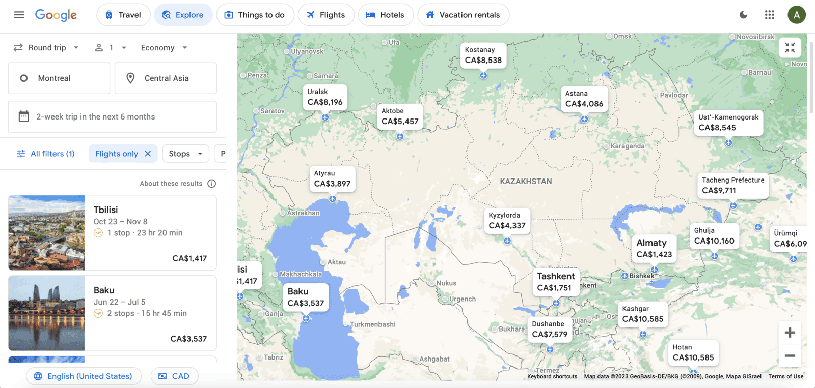 Aeroplan Sweet Spots from Europe - Google Flights Central Asia Explore from YUL