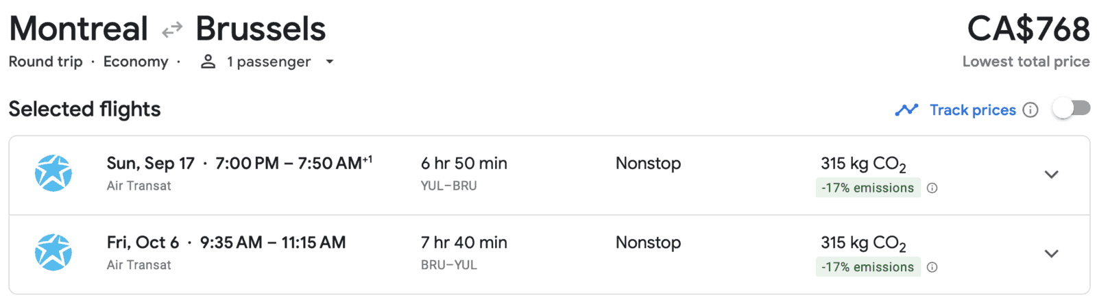 Aeroplan Sweet Spots from Europe - YUL BRU positioning