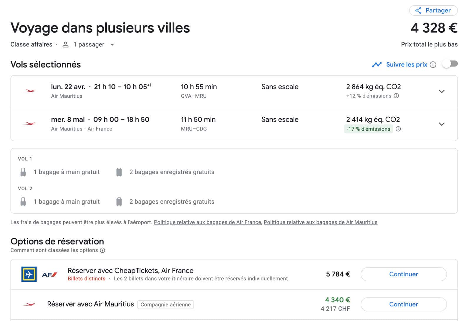 Aeroplan Sweet Spots from Europe - gva mru cdg google flights business