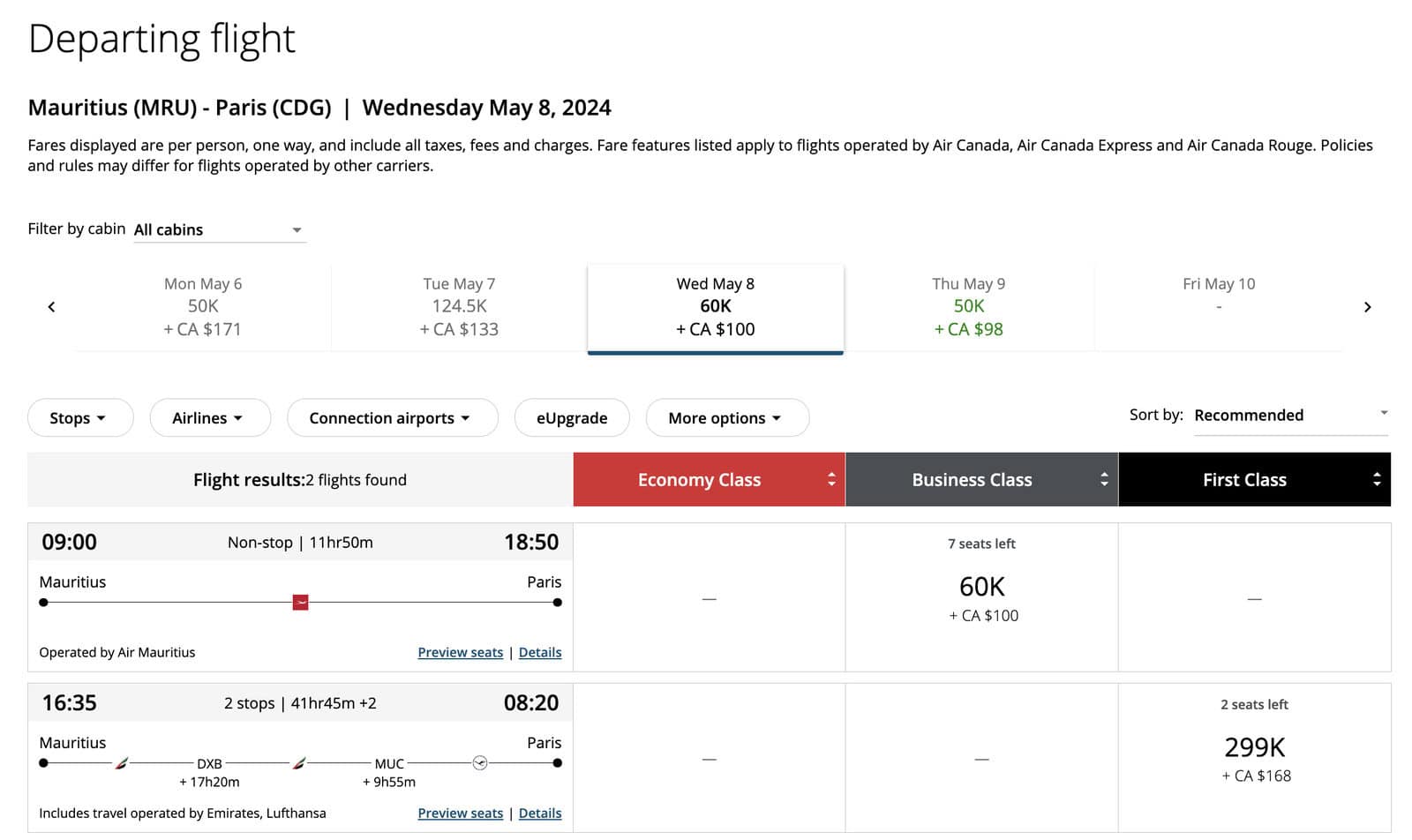 Aeroplan Sweet Spots from Europe - mru cdg aeroplan business