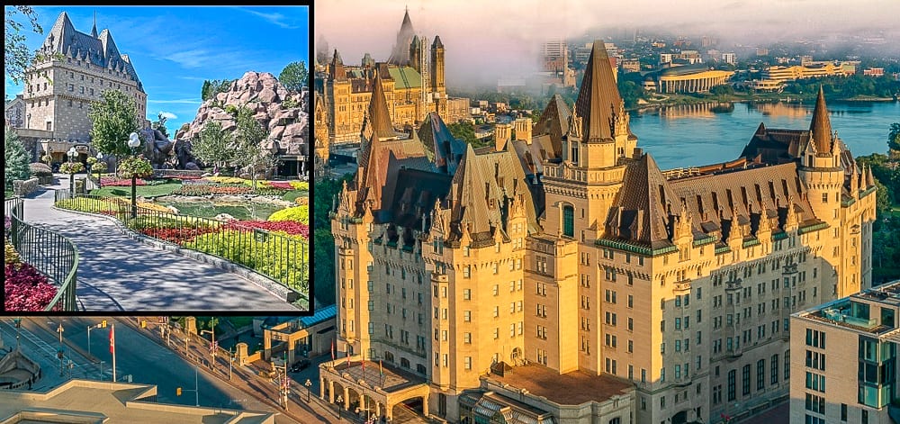 À gauche, « Hôtel du Canada » au parc Epcot de Disney World, avec sont inspiration, le Château Laurier, à droite.