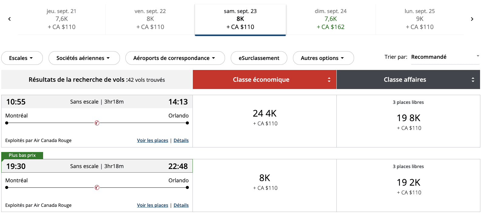 Avis&nbsp;: Air Canada Premium Rouge Montréal - Orlando - Aeroplan FR MCO