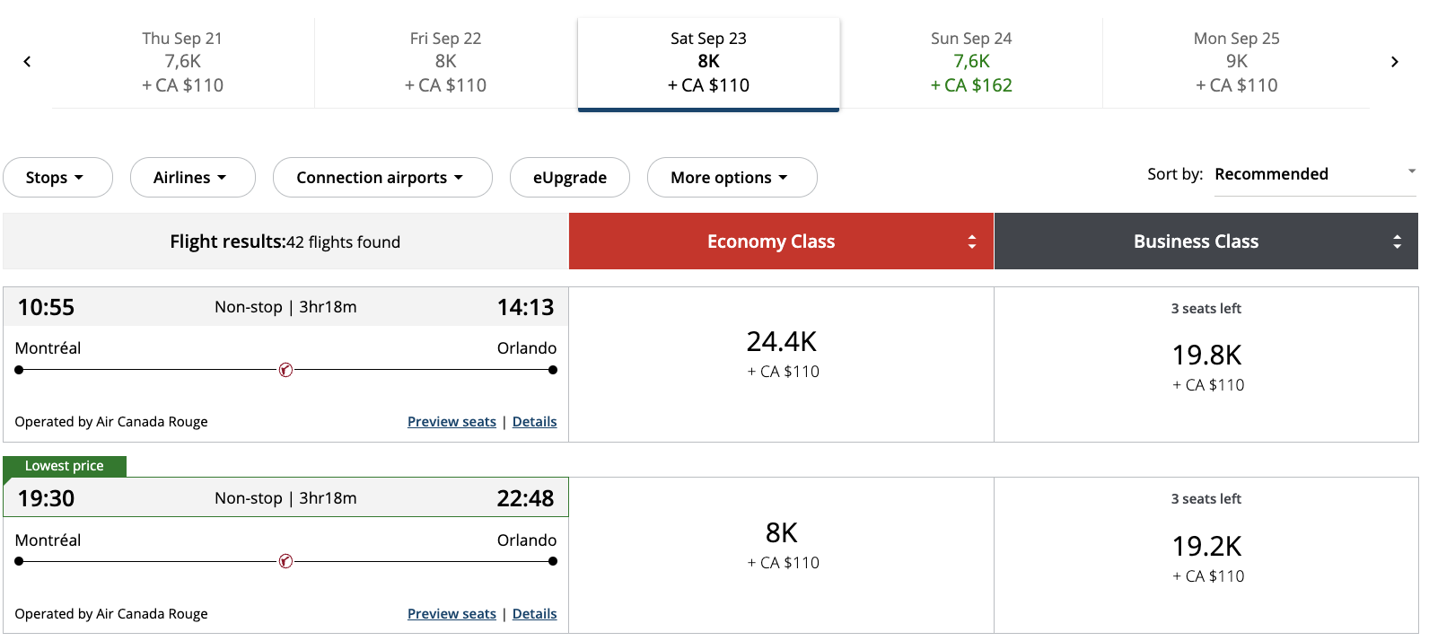 Review&nbsp;: Air Canada Premium Rouge Montreal - Orlando - Aeroplan FR MCO
