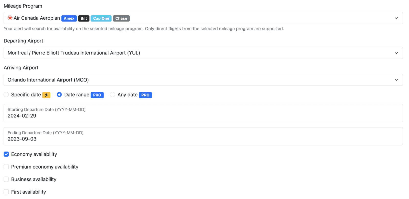 Avis sur Seats.aero&nbsp;: L'outil de recherche de primes de vol - Seats aero alertes entre aéroports spécifiques