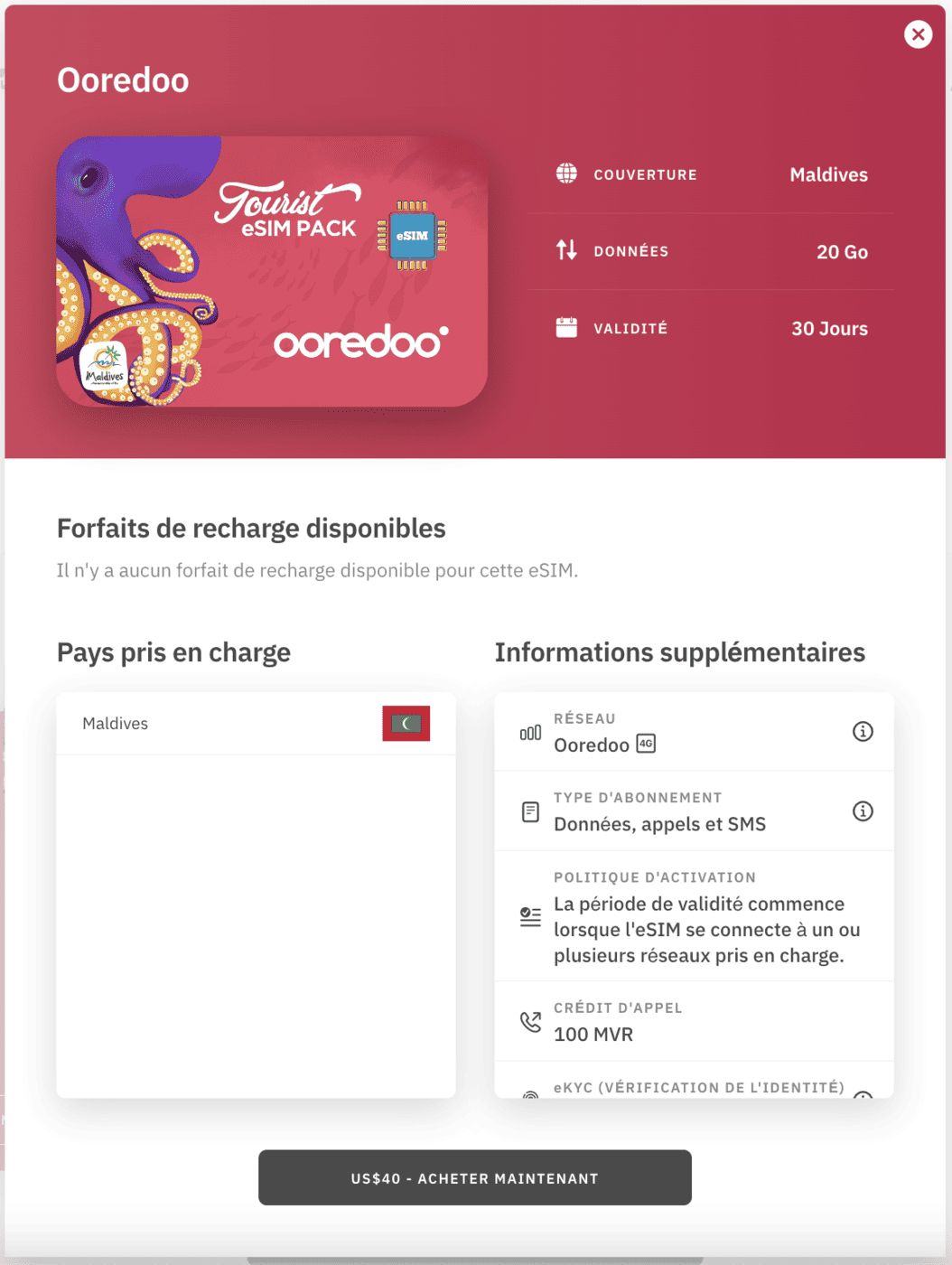 Carte eSIM Airalo&nbsp;: Internet en voyage sans itinérance (code de 4,50 CAD) - airalo maldives 20go fr