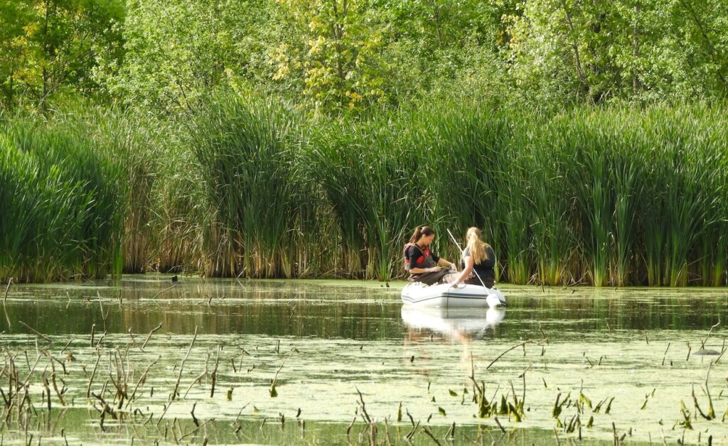 Une barque avec deux personnes à bord sur une rivière