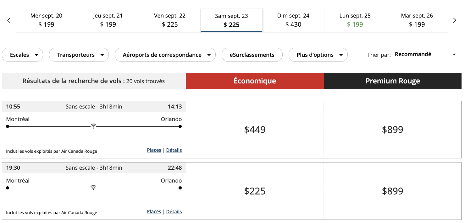Avis&nbsp;: Air Canada Premium Rouge Montréal - Orlando - dollar FR MCO