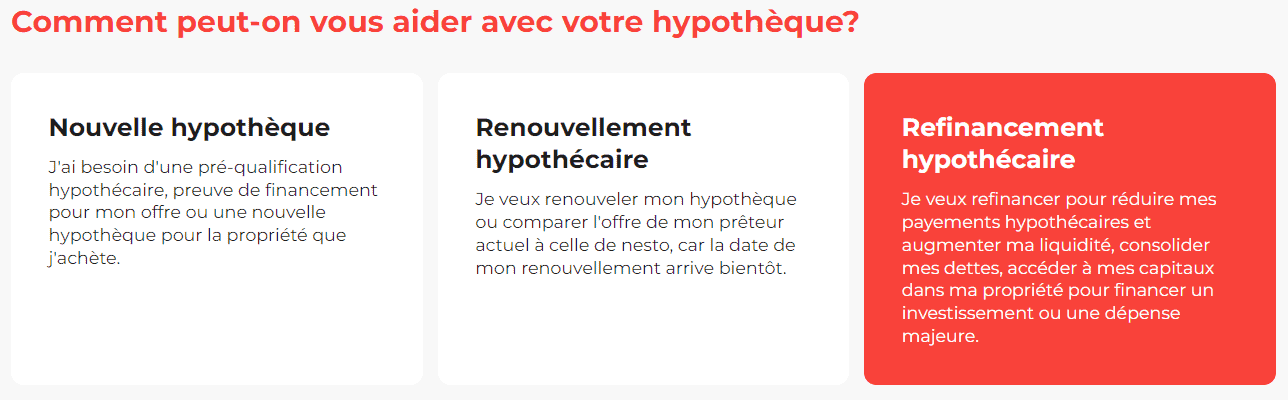 Sélection de l'option Refinancement hypothécaire sur nesto