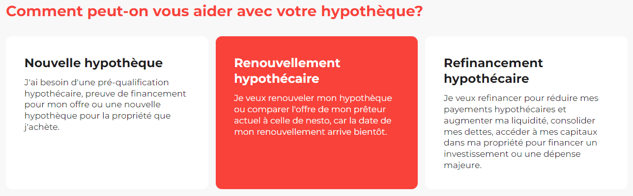 Sélection de l'option Renouvellement hypothécaire sur nesto