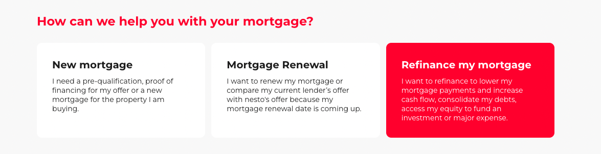 Selecting the Mortgage refinance option on nesto