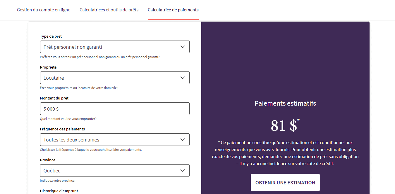 Évaluation de la Financière Fairstone - 05. Fairstone FR Calculatrice de paiements Prˆt personnel non garanti