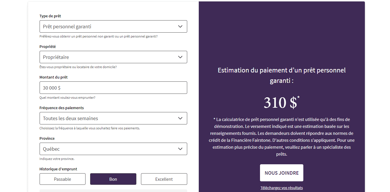 Évaluation de la Financière Fairstone - 07. Fairstone FR Calculatrice de paiements Prˆt personnel garanti