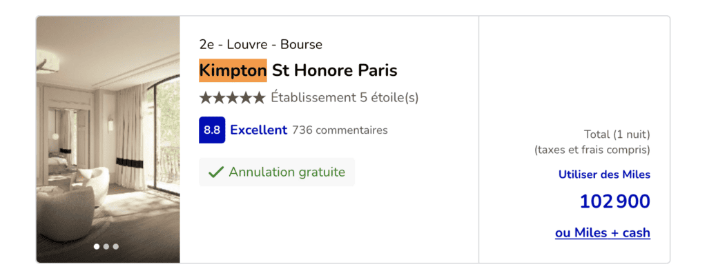 Kimpton St Honore Paris, payable avec des Miles Flying Blue via Hotel for Miles