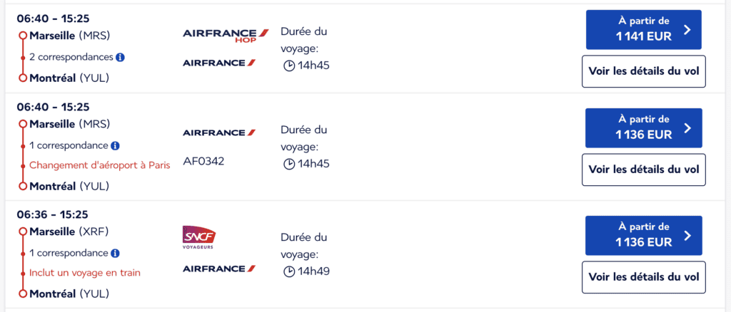 Trajet Marseille-Montréal avec Air France