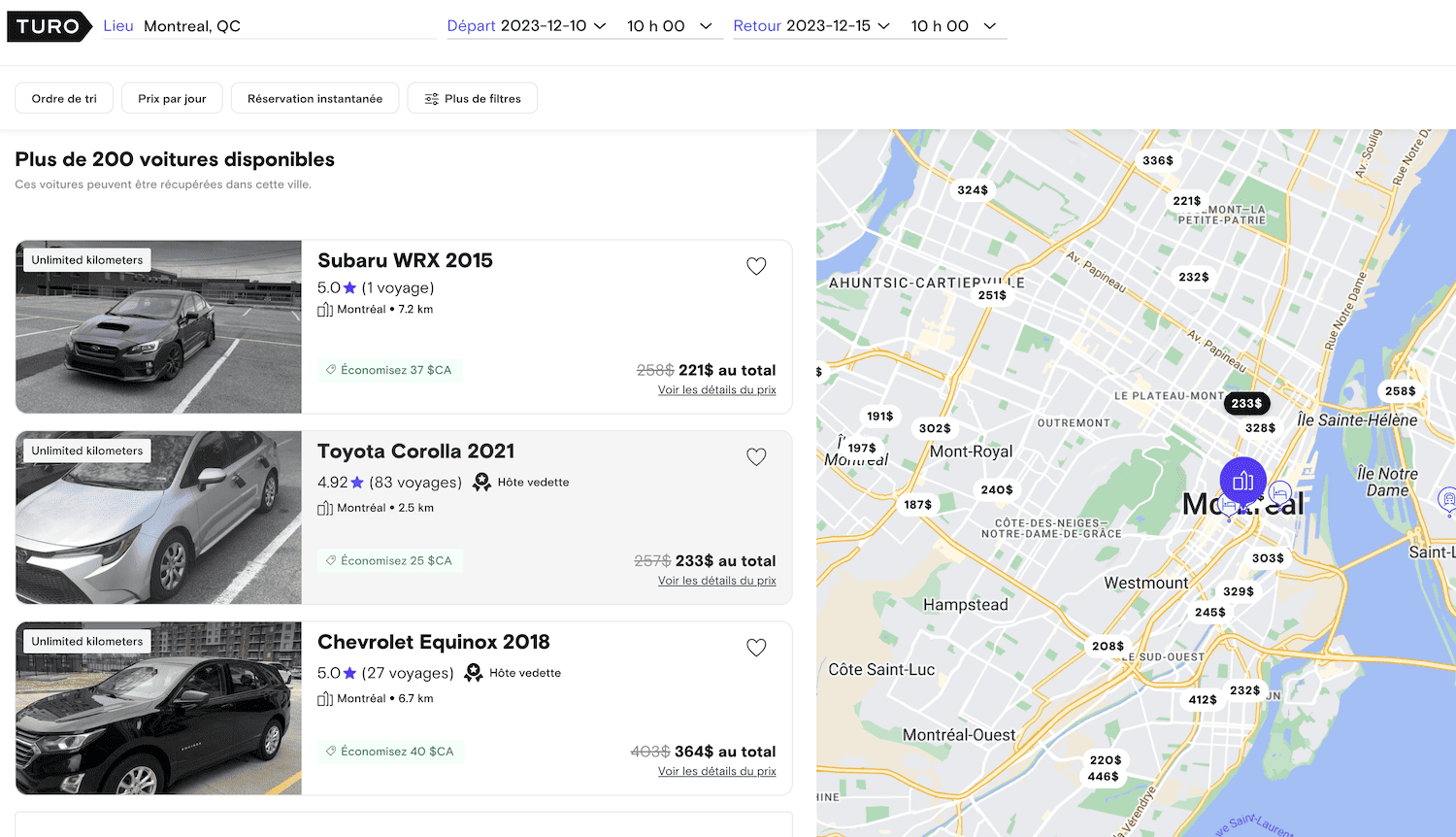 Location entre particuliers&nbsp;: rentabiliser sa voiture pendant son voyage avec Turo - carte prix Turo