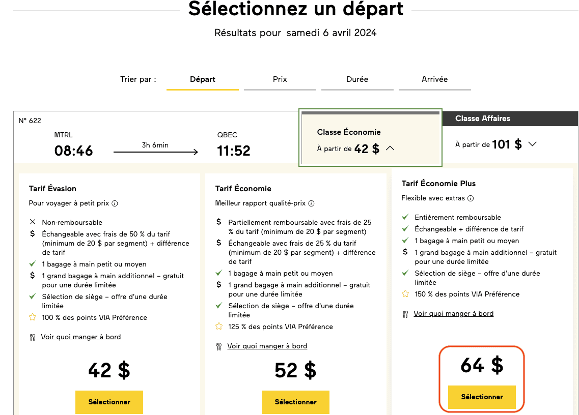 Comment utiliser ses points VIA Préférence pour un billet de train VIA Rail gratuit - Selectionner depart via rail