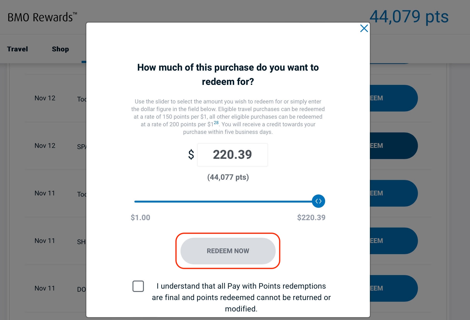 bmo rewards points to cash