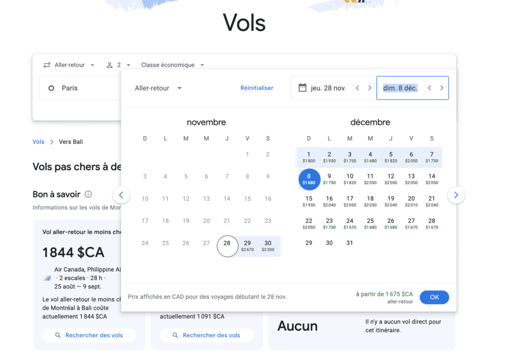 Google flights recherche de vols