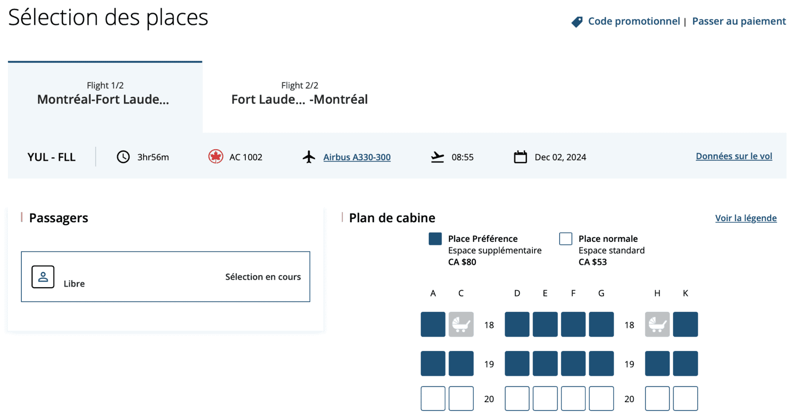 Maximiser vos options de vols en points Aéroplan pour un voyage aux États-Unis - Aeroplan USA sélection siège