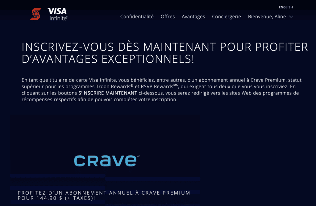 Offres Crave gratuit visa infinite