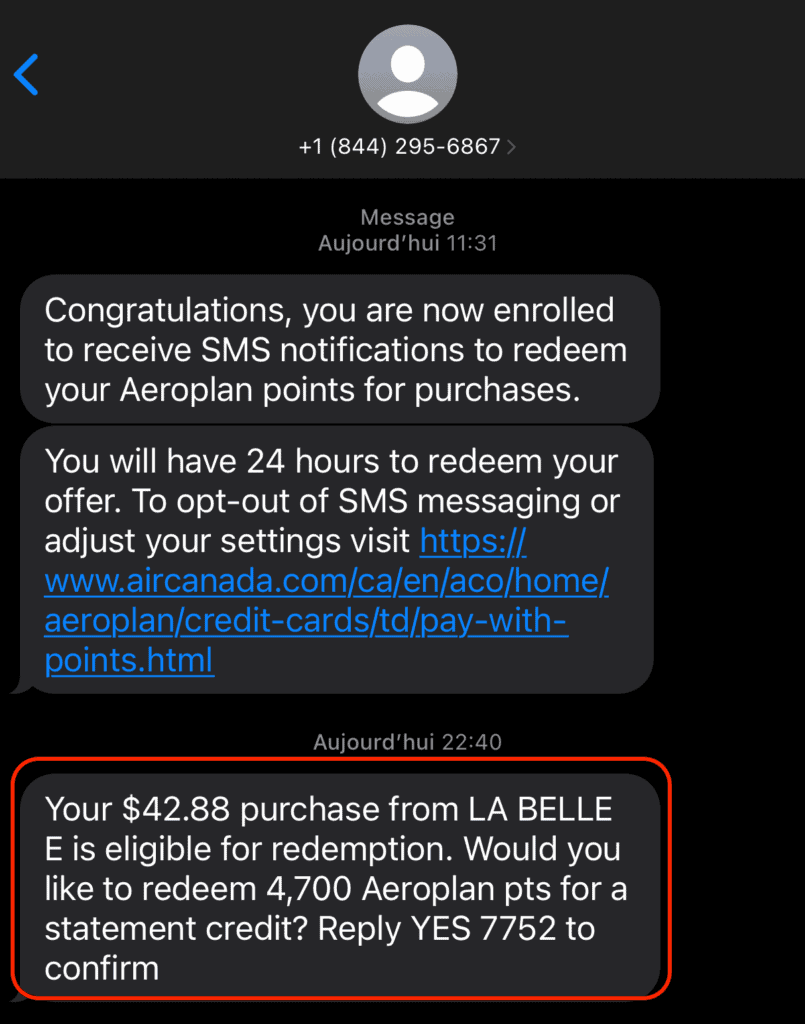 SMS aeroplan echange