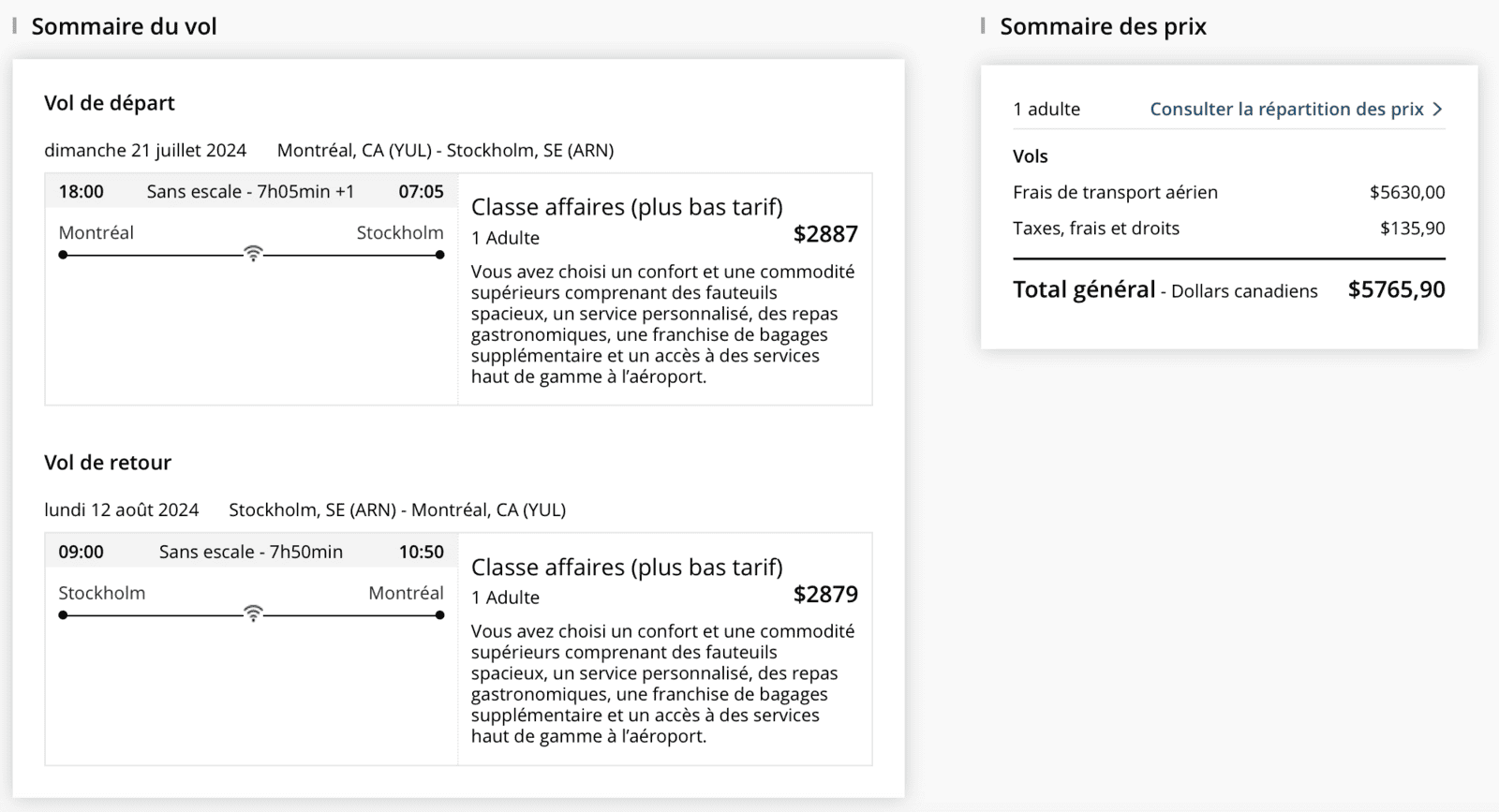 Maximiser vos options de vols en points Aéroplan pour un voyage en Europe - YUL ARN cash