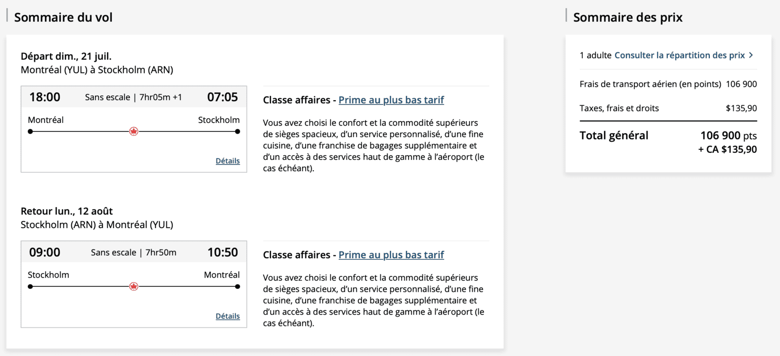 Maximiser vos options de vols en points Aéroplan pour un voyage en Europe - YUL ARN points