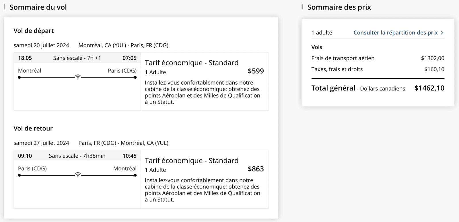 Maximiser vos options de vols en points Aéroplan pour un voyage en Europe - YUL CDG cash