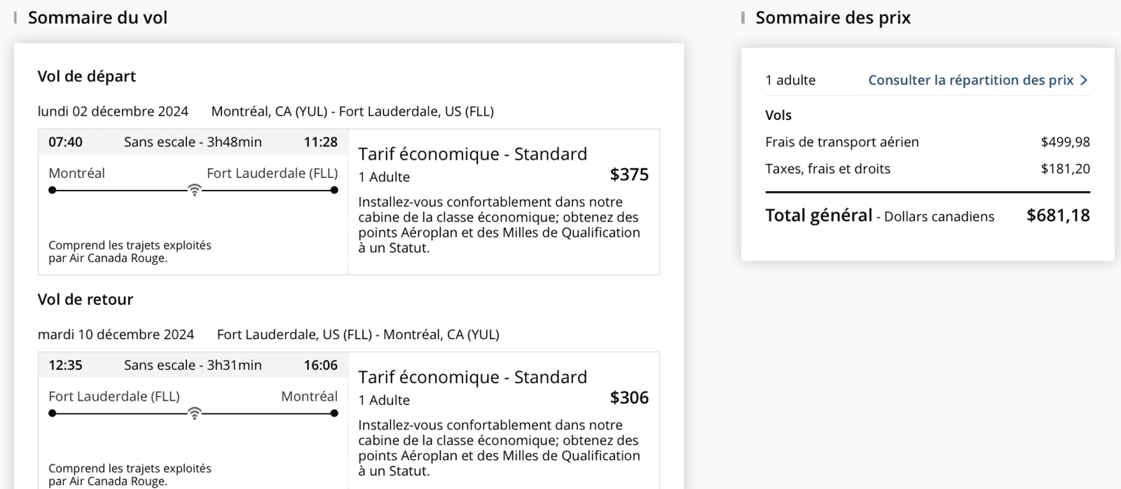 Maximiser vos options de vols en points Aéroplan pour un voyage aux États-Unis - YUL FLL cash