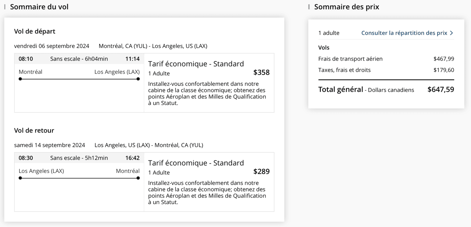 Maximiser vos options de vols en points Aéroplan pour un voyage aux États-Unis - YUL LAX cash