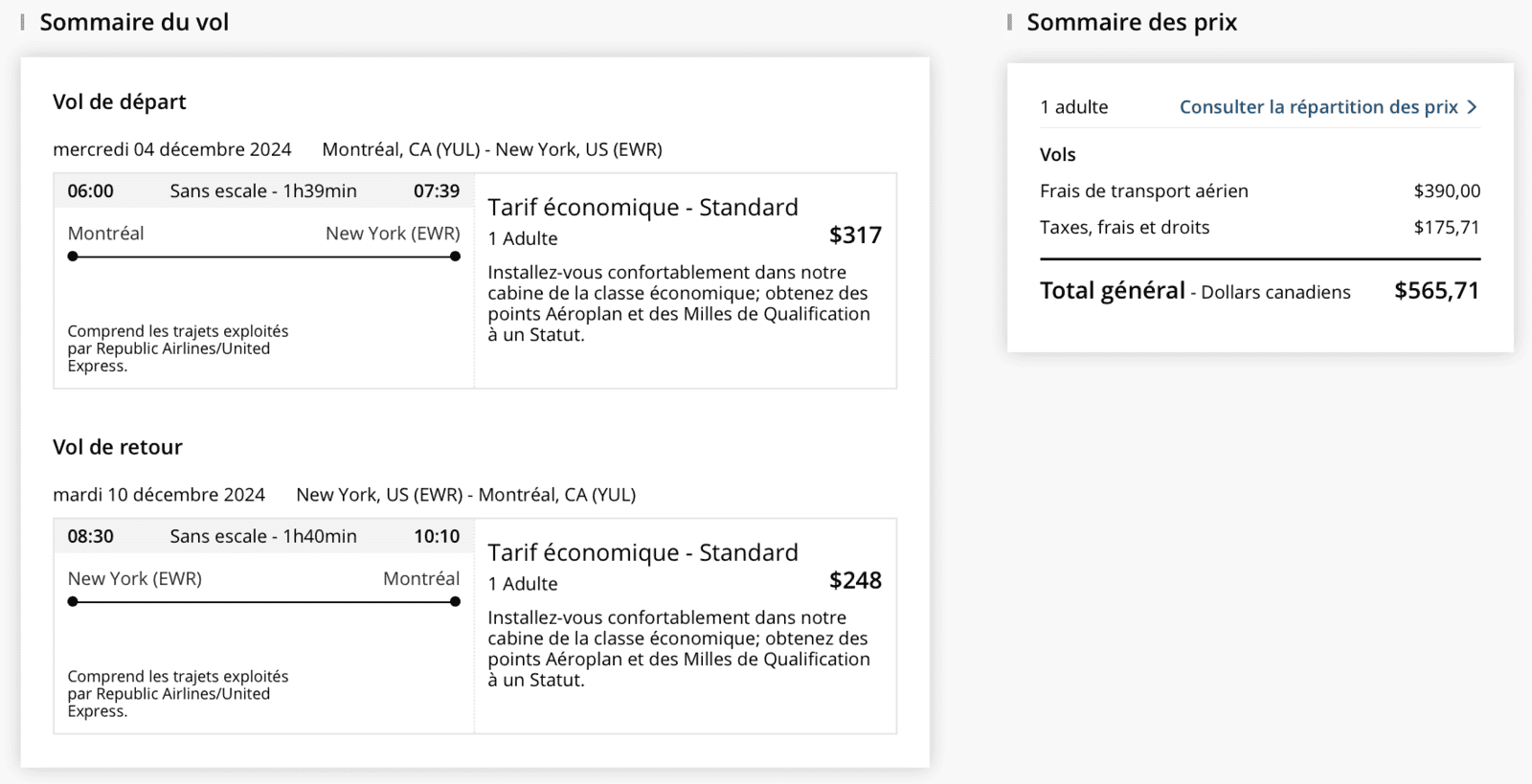 Maximiser vos options de vols en points Aéroplan pour un voyage aux États-Unis - YUL NYC cash