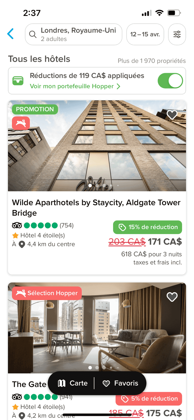 Hopper&nbsp;: l’application pour économiser sur vos réservations de voyage - hopper hotel 6938
