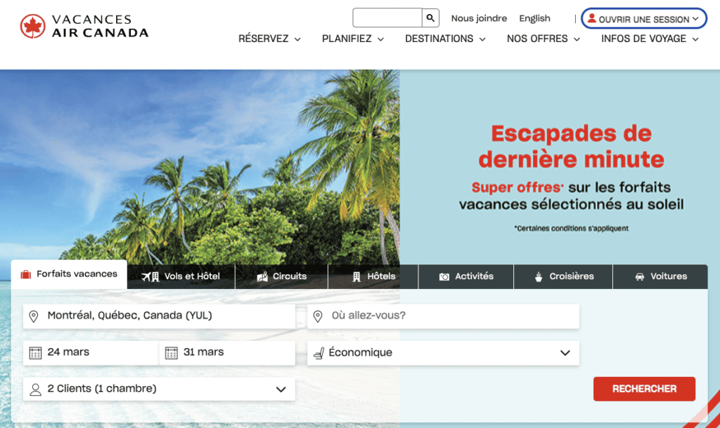 page bienvenue vacances air canada