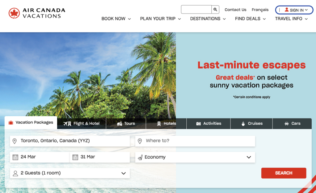 page bienvenue vacances air canada