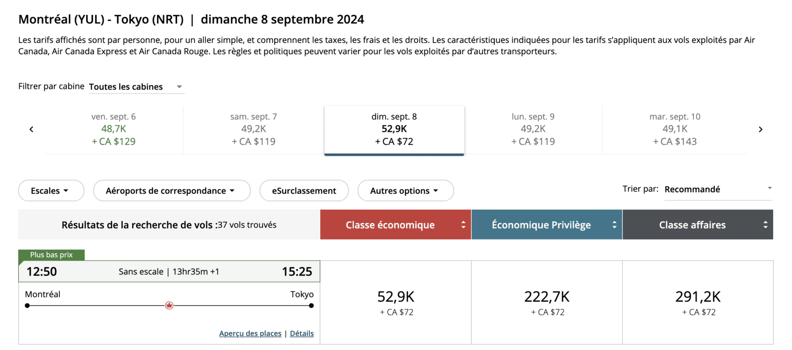 Maximiser les points Aéroplan pour un voyage en Asie - yul nrt ac fr