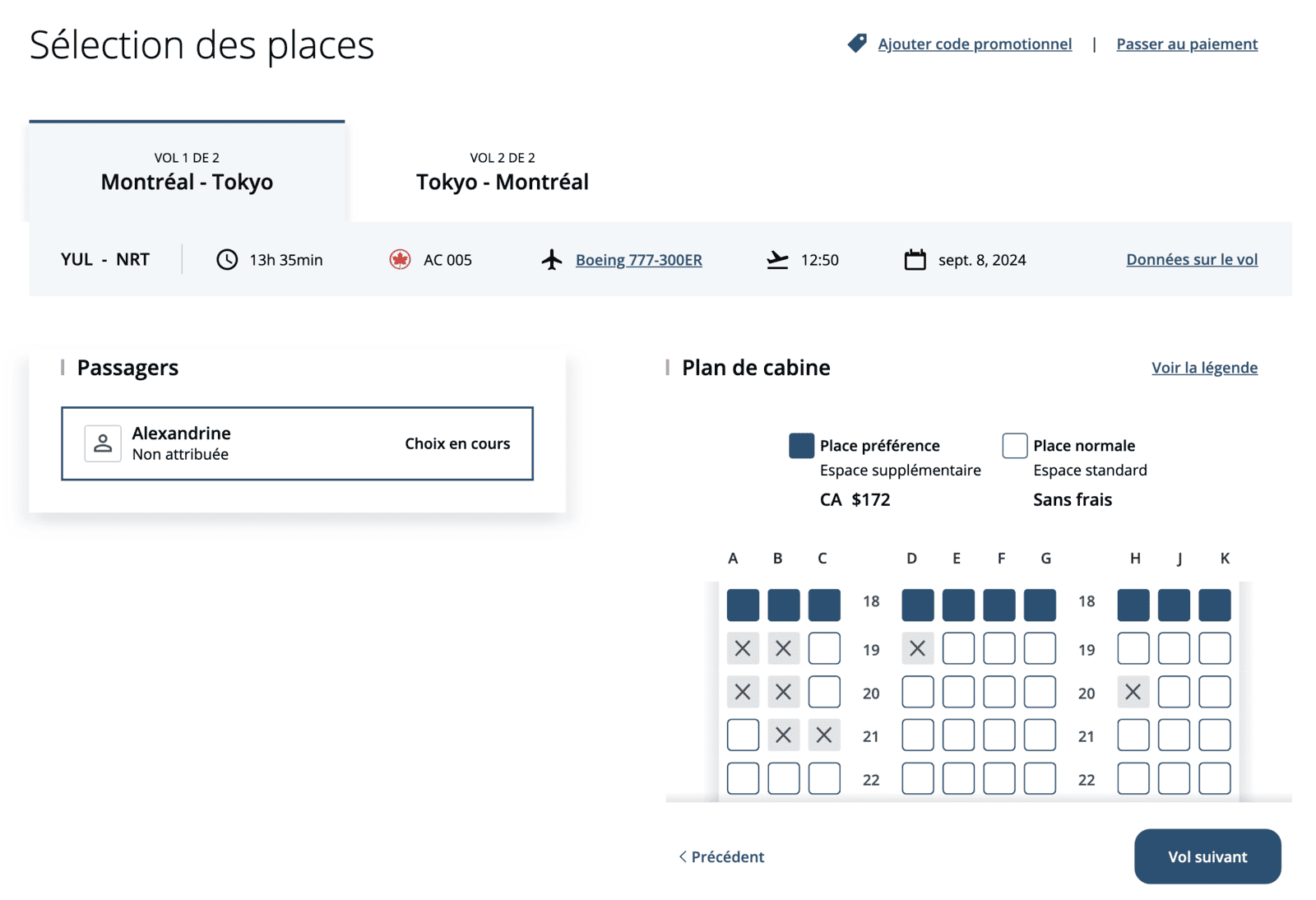 Maximiser les points Aéroplan pour un voyage en Asie - yul nrt sieges fr